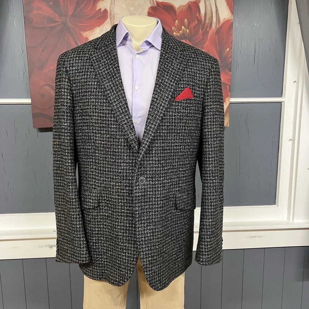 Joseph Abboud Knit Blazer Jacket Sport Coat Mens 46R Wool Nylon Gray/Black Check